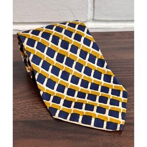 VTG Eros London Paris NY Mens Silk Tie Navy Blue Mustard Yellow Geometric Grid